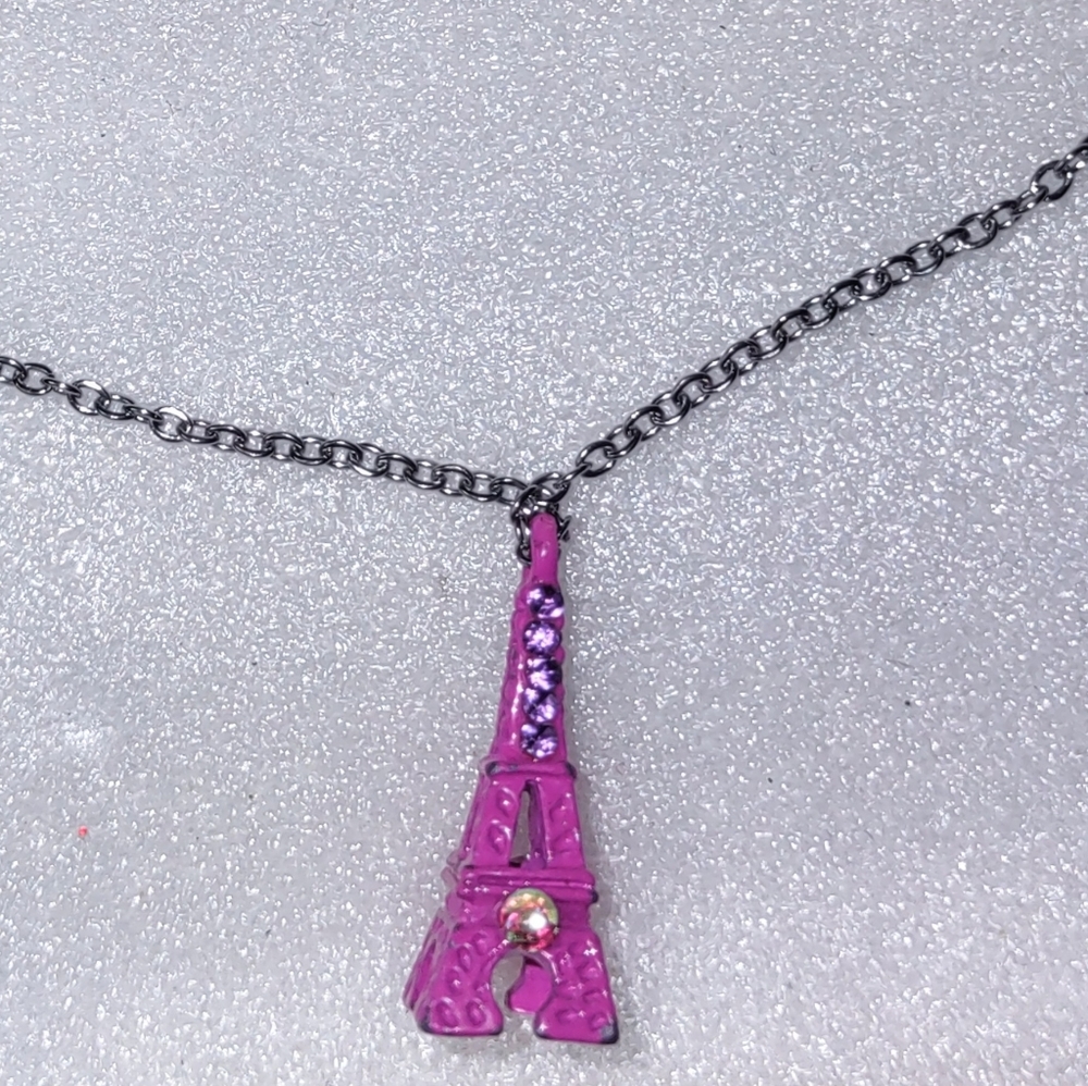 Fuchsia Pink Eiffel Tower Metal Pendant Purple Rhinestones Necklace AB Crystal